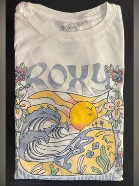 Roxy White Short-Sleeve Tee with Surf Sunset Graphic